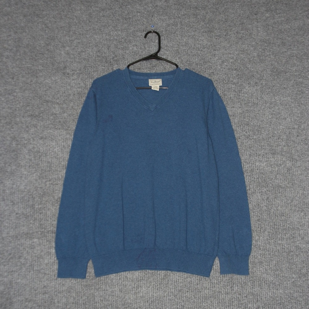 LL Bean‎ Sweater Mens L Blue V Neck 95 Cotton 5 Cashmere Knit Pullover Regular